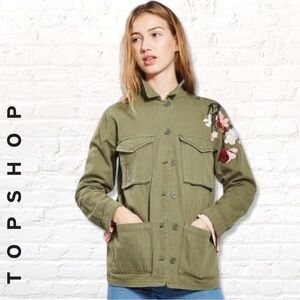 Top shop Olive Green Herringbone Military Jacket with Floral Embroidery size 2